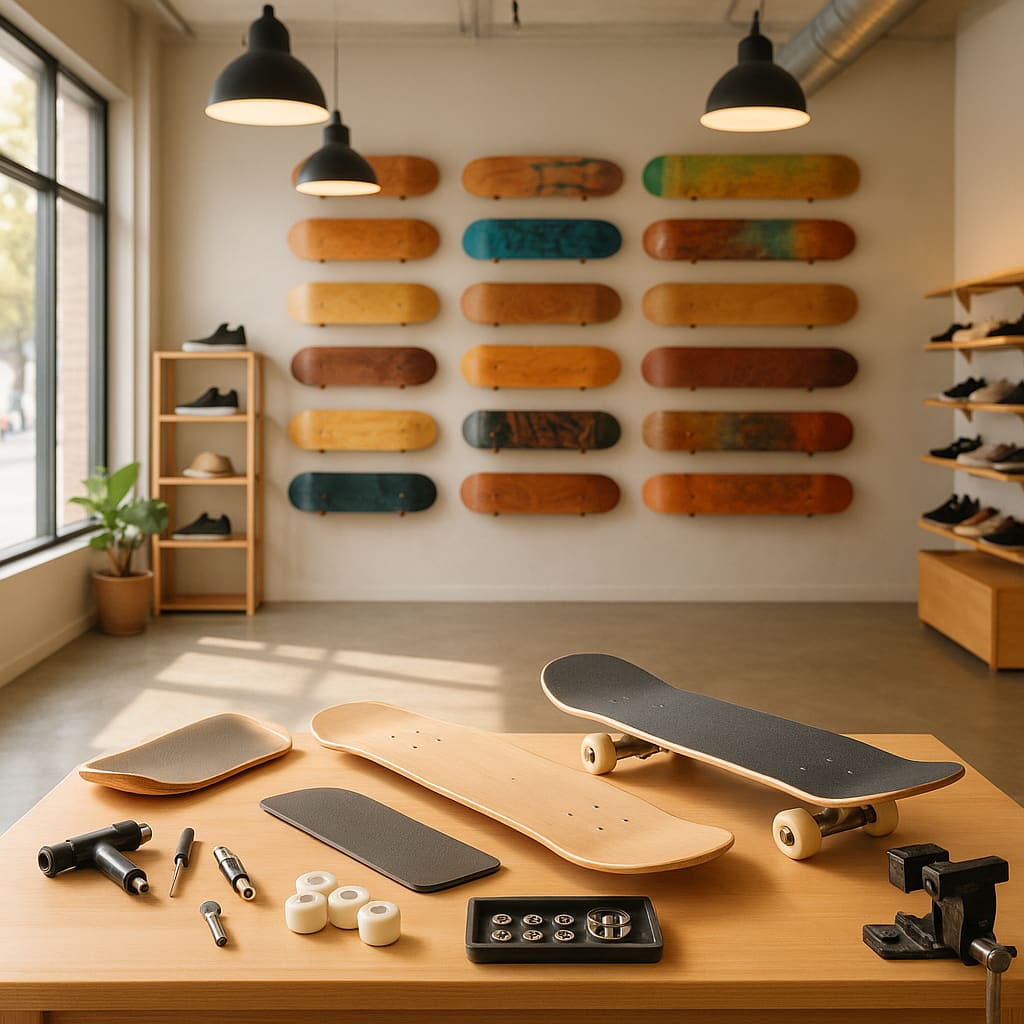 Modernes Skate Shop Interior mit Deck-Wand und Workbench