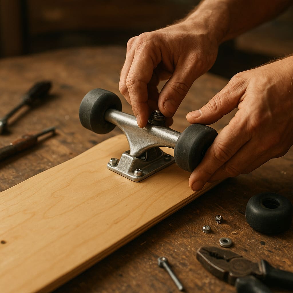 Hände montieren ein Skateboard auf einer Werkbank