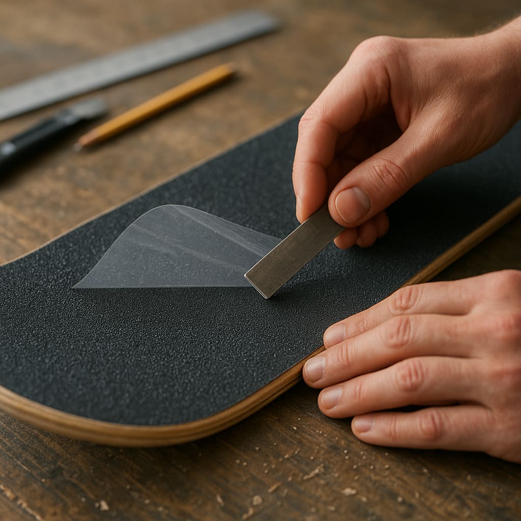 Griptape wird auf Skateboard-Deck aufgebracht