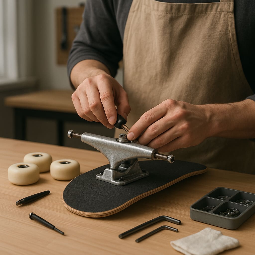 Skate-Techniker prüft Trucks und Wheels